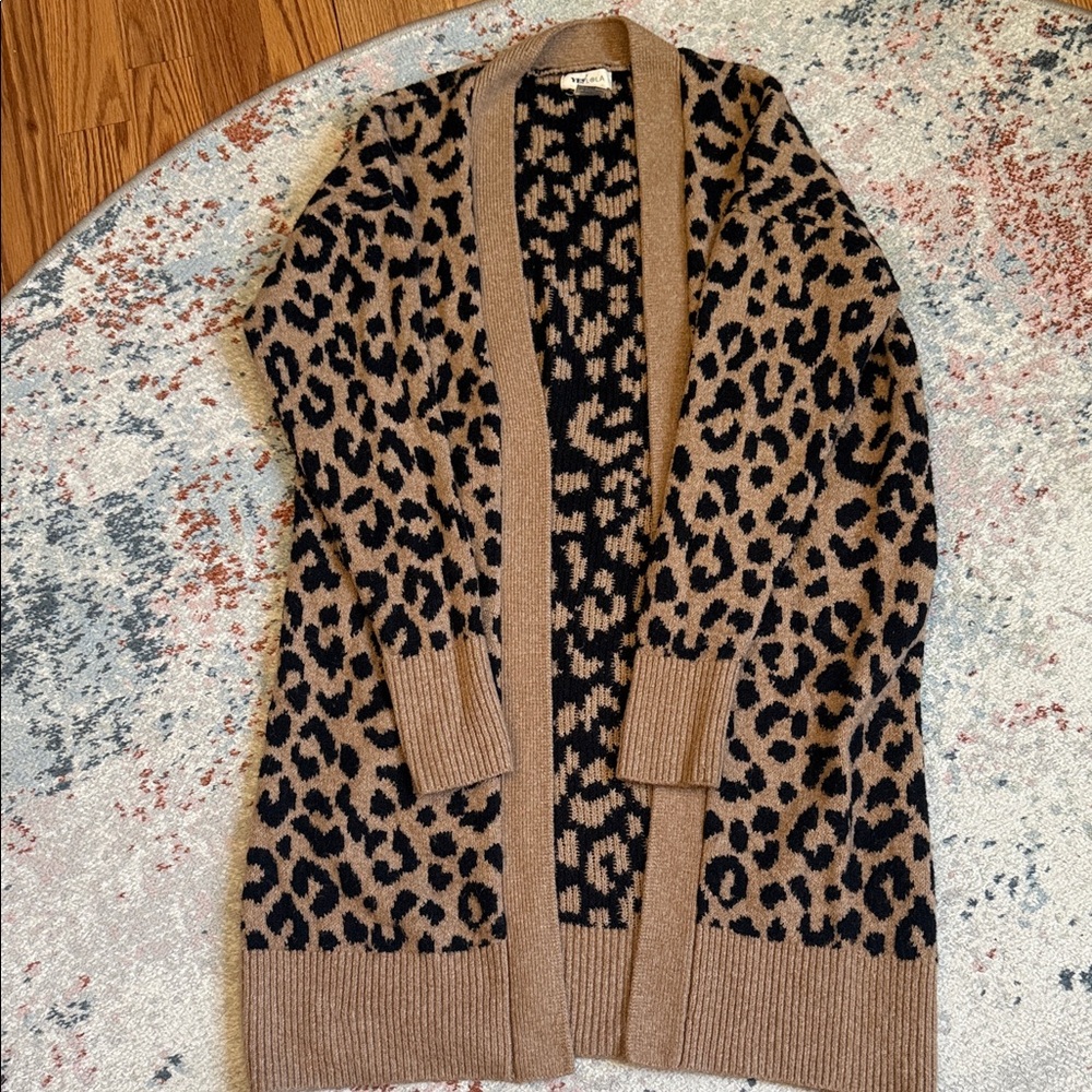 Leopard Print Open-Front Cardigan Sweater - Tan & Black